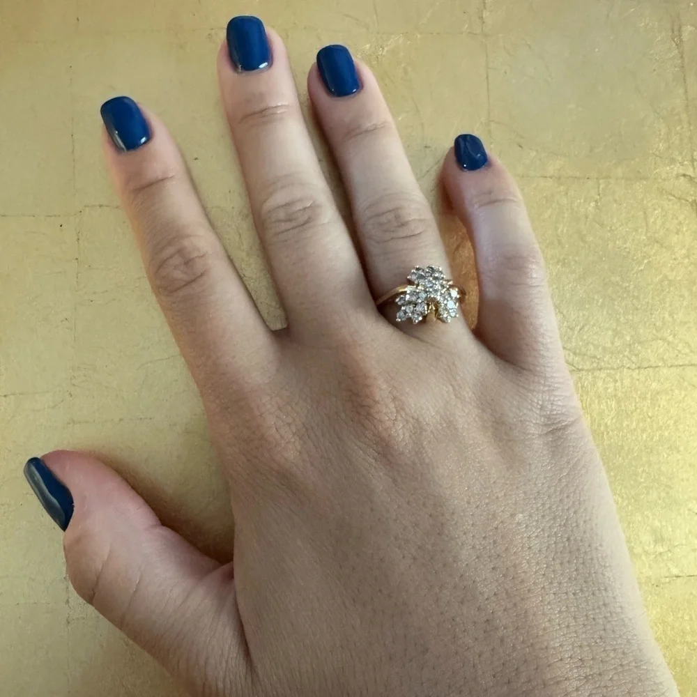 Vintage 14K Yellow Gold Floral Cluster Diamond Ring Statement Cocktail size 8